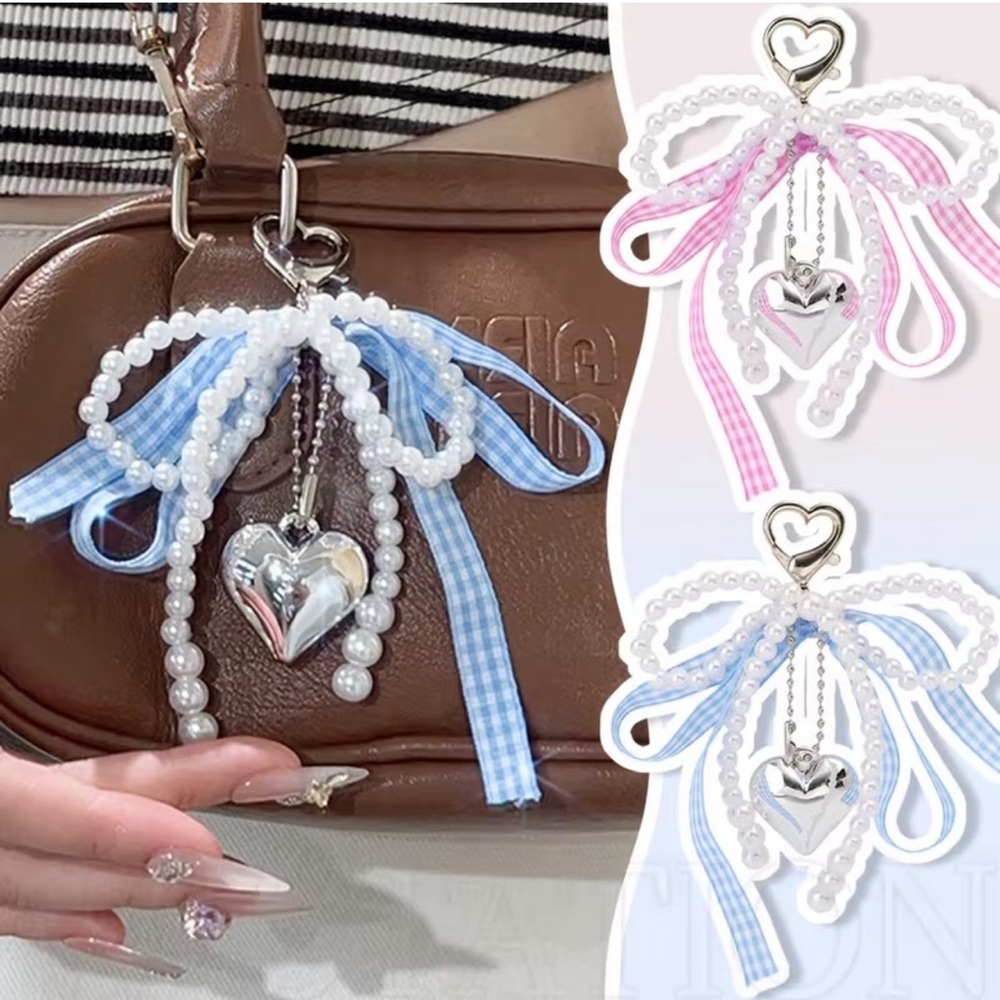 Elegant Blue Bow & Heart Charm Keychain – Pearl Beaded Bag & Purse Accessory